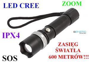 Metalowa Latarka Taktyczna SWAT LED CREE + ZOOM + SOS +... - Zasięg Światła 600 Metrów!!