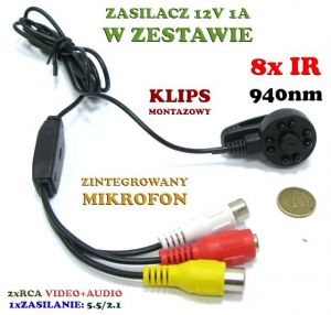 Mini Kamera Przewodowa Dzienno-Nocna (8x Black IR) 1000TVL, Kolorowa z Fonią + Klips + Zasilacz.