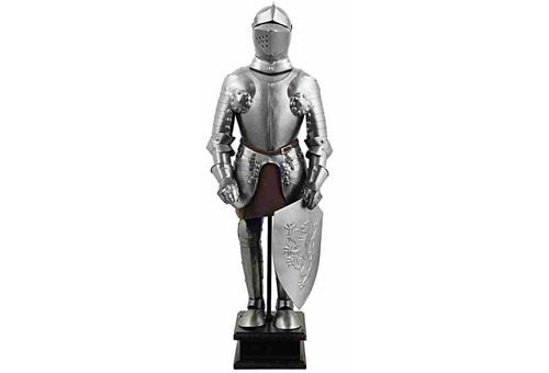 Rycerz z Tarczą, Zbroja Rycerska - Duża Metalowa Figurka Ozdobna (wys. 45cm).