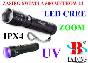 Metalowa Latarka Taktyczna LED CREE + Ultrafiolet (UV) + ZOOM + Akcesoria - Zasięg Światła do 500m!!