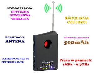 Laserowy Detektor Wykrywacz Podsłuchów, Kamer, Podsłuchów GSM, Lokalizatorów GPS, WiFi + Słuchawki.