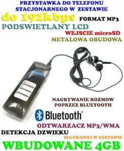 Profesjonalny Cyfrowy Rejestrator Dźwięku (4GB) + Bluetooth + Zapis Rozmów Tel. + MP3 + VOX itd.