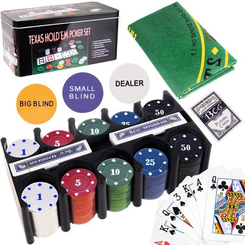 Zestaw do Pokera... Texas + 200 Żetonów (EURO) + 2 Talie Kart + Sukno + Kości + Metalowe Pudełko.