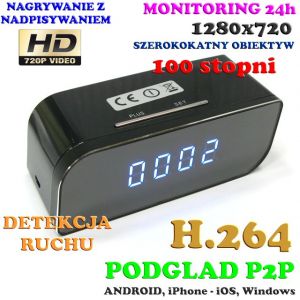 Szpiegowska Kamera FULL HD WiFi/P2P Dzienno-Nocna (Cały Świat!) Ukryta w Zegarku Biurkowym + Zapis..