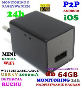 Mikro-Kamera FULL HD WiFi/P2P (Zasięg Cały Świat!) Ukryta w Zasilaczu/Ładowarce USB + Zapis...